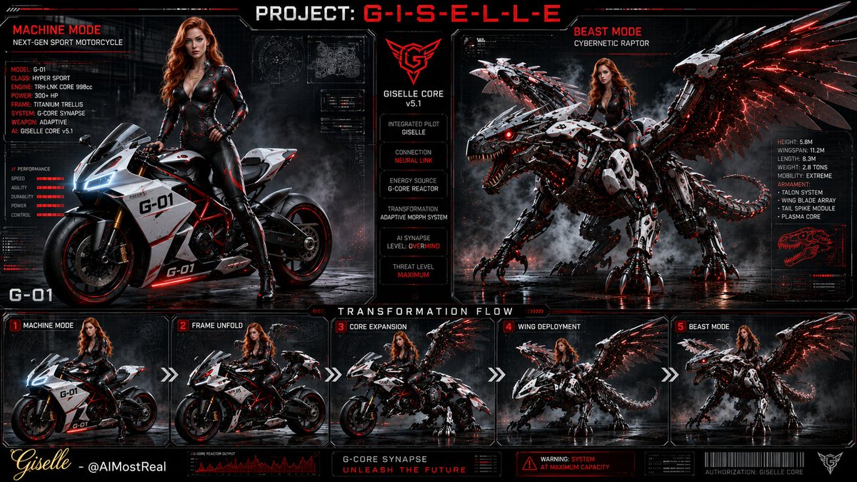 AImostReal's tweet photo. PROJECT: G-I-S-E-L-L-E v5.0 Activated! 🏍🦅

From hyper sport motorcycle to full cybernetic raptor beast — neural link engaged. 

Unleash the future. 
Unleash the Beast.⚡
#Giselle  
#CyberTransformation #BeastMode #MechaArt https://t.co/BwcvOa90wW