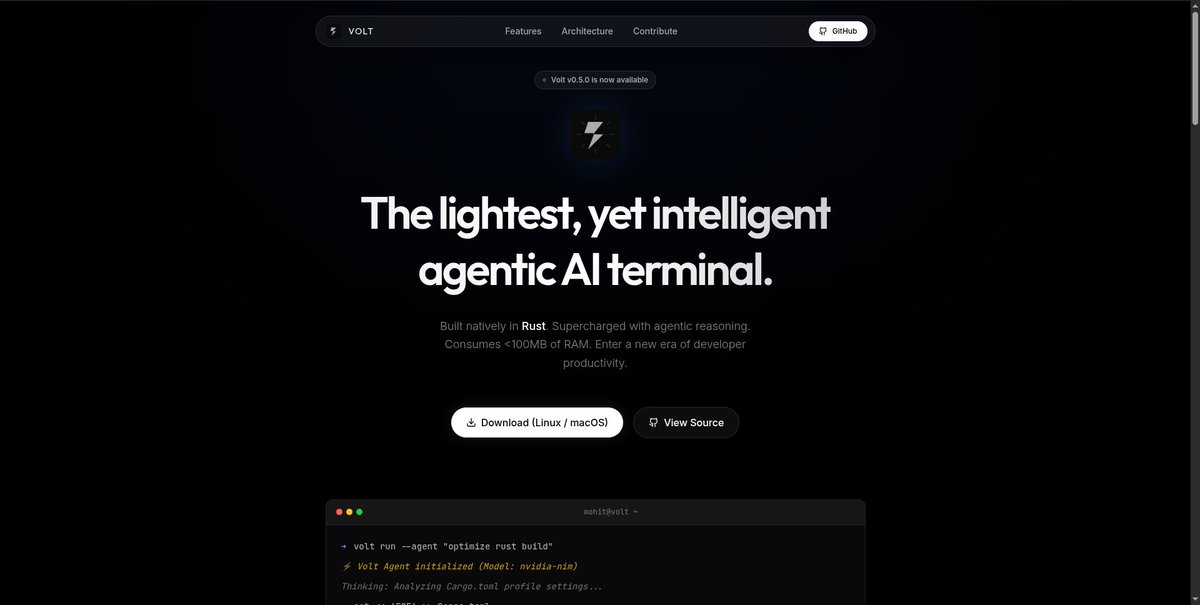 mohitdebian's tweet photo. While building it, I started adding AI capabilities too.

Now Volt is slowly evolving into an agentic AI terminal that can help with workflows, commands, coding tasks, and more directly inside the terminal.

https://t.co/6HtGduHCrs https://t.co/Gy6w1RYFZU