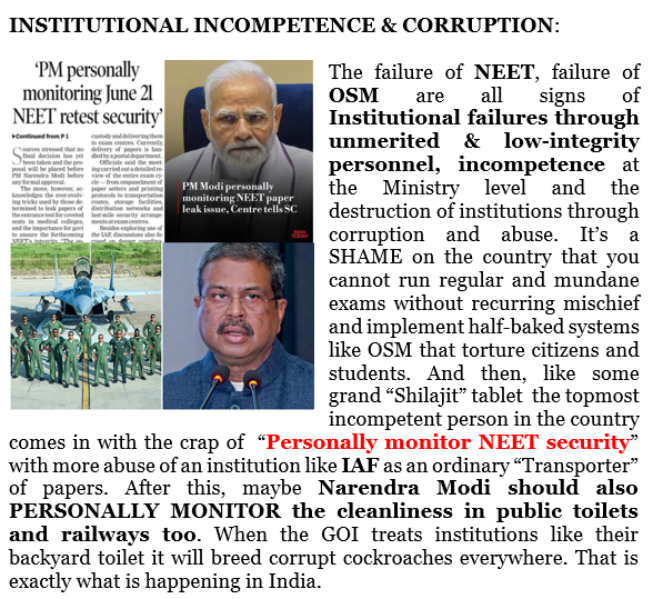 mediacrooks's tweet photo. NEET, OSM are just samples of INSTITUTIONAL INCOMPETENCE &amp; failure. In which major democracy does a PM abuse IAF as an ordinary "Transporter" &amp; personally monitor security of exams? After this.. @NarendraModi should also PERSONALLY monitor cleanliness of public &amp; Rlys toilets.. https://t.co/N1pOo4IaPz
