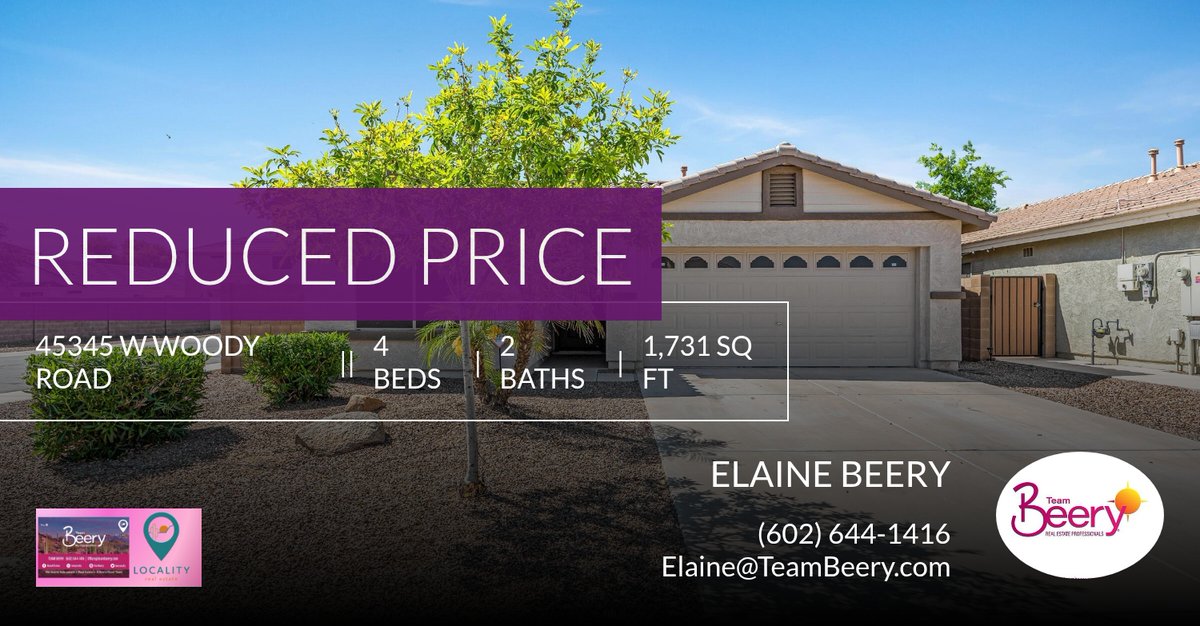 beeryrealty's tweet photo. Elaine Beery- Team Beery 
with Locality Real Estate

📍 Reduced Price 📍 This recently reduced home at 45345 W Woody Road in Maricopa won't last long, so, don't wait to set up a showing! Reach out here or at (602) 644-1416 for more... https://t.co/HlGYjEmbED https://t.co/vekhx43sUA