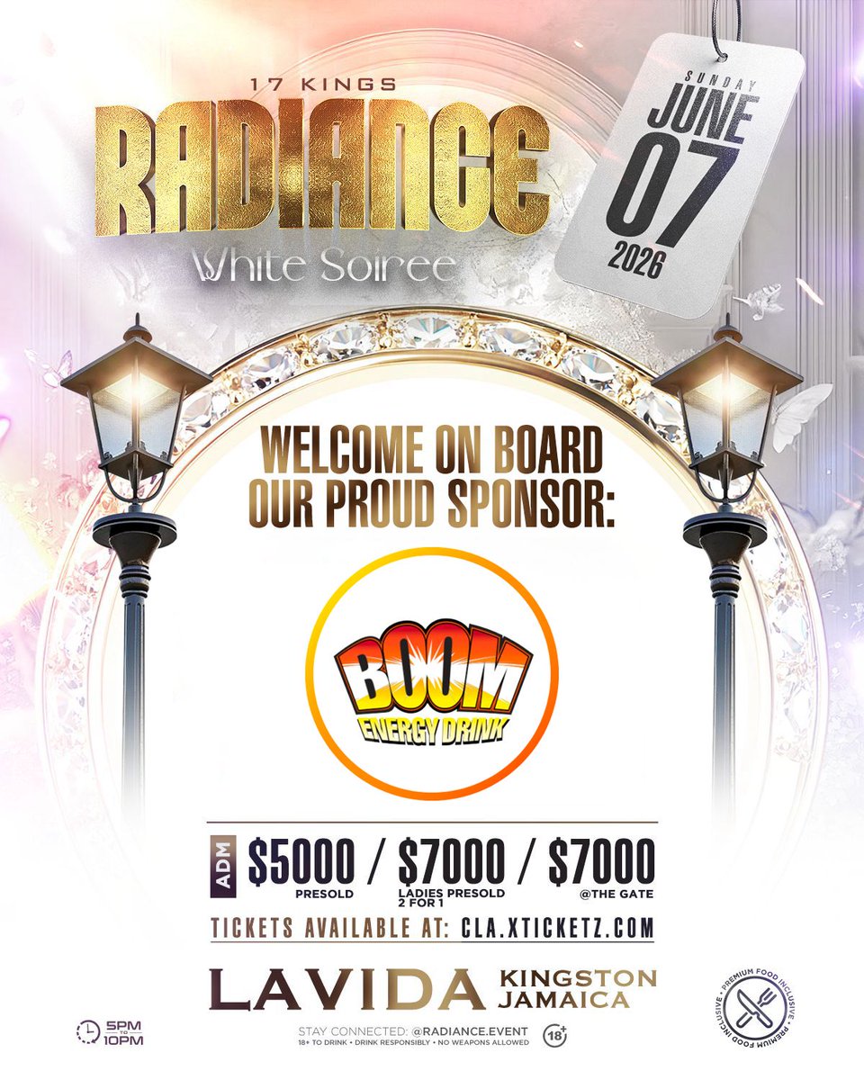 Radiance_Event's tweet photo. 💥Welcome onboard our sponsor @drinkboomenergy 💥

Radiance White Soirée 🤍

🗓️ Sunday, June 7 2026
🕔 5PM to 10PM 
📍 La Vida (Pollyanna Caterers)
8 Stanton Terrace, Kingston 
🍛Food Inclusive 

🎟️Get your tickets now.

📢For updates, follow us on:
IG @ radiance.event

🥂 https://t.co/NEVV2PcKhN