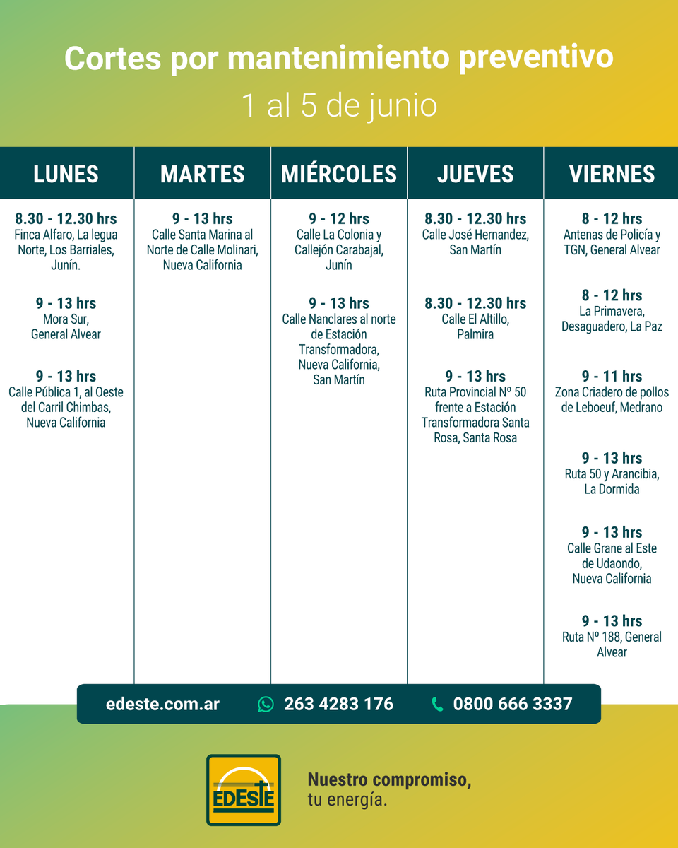 Edeste_mza's tweet photo. Buenas noches! Les informamos los cortes programados para la semana que viene por razones de mantenimiento y mejoras del servicio ⚡️⚡️⚡️ https://t.co/KEJVoe5BBr