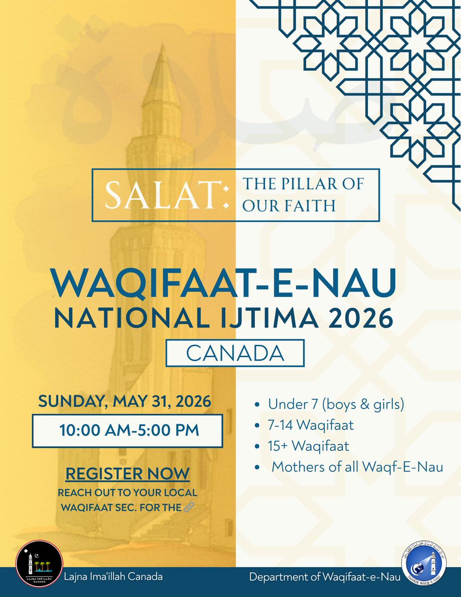 LajnaCanada's tweet photo. ☀️ The Waqifaat-e-Nau National Ijtima is coming up!

This year, the theme focuses on Salat, one of the five pillars of Islam 🕋 Join us for a day of spiritual rejuvenation and to recommit to our lifelong dedication!

Ask your local Waqifaat secretary for the registration link 🔗 https://t.co/DDGzqRhPEa