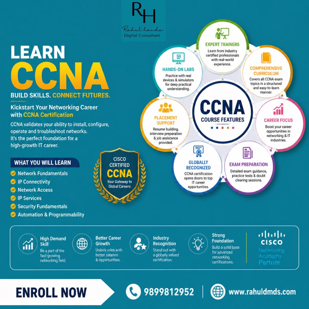 MarketerRahul's tweet photo. 🚀 Step into the Future of Networking with CCNA at DMDS!

Master the skills that top IT companies demand and build a strong foundation in networking, security, automation, and connectivity. Learn from industry experts with hands-on practical labs and real-world projects https://t.co/MB5jgDfgmG