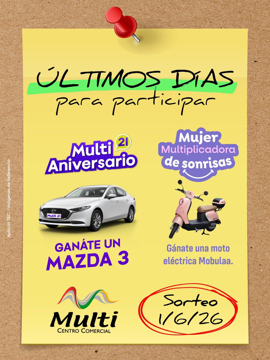 MultiCCIbague's tweet photo. 🚨✨ ¡Últimos días para participar en nuestras campañas!

Tus compras pueden acercarte a llevarte un increíble Mazda 3 🚗🤍 en nuestro Multi 21 Aniversario.

¡En Multi las sorpresas no paran! 🎉 https://t.co/xaZr9pErkk