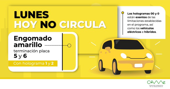CAMegalopolis's tweet photo. 🌞¡Buen día! 
El #HoyNoCircula de este lunes 8 de junio en la #ZMVM es para los vehículos con #EngomadoAmarillo🟡 y terminación de placas 5 y 6, holograma 1 y 2. 𝐸𝑥𝑒𝑛𝑡𝑜𝑠 - 𝐡𝐨𝐥𝐨𝐠𝐫𝐚𝐦𝐚𝐬 𝟎𝟎 𝐲 𝟎. https://t.co/41kGuoHTd5