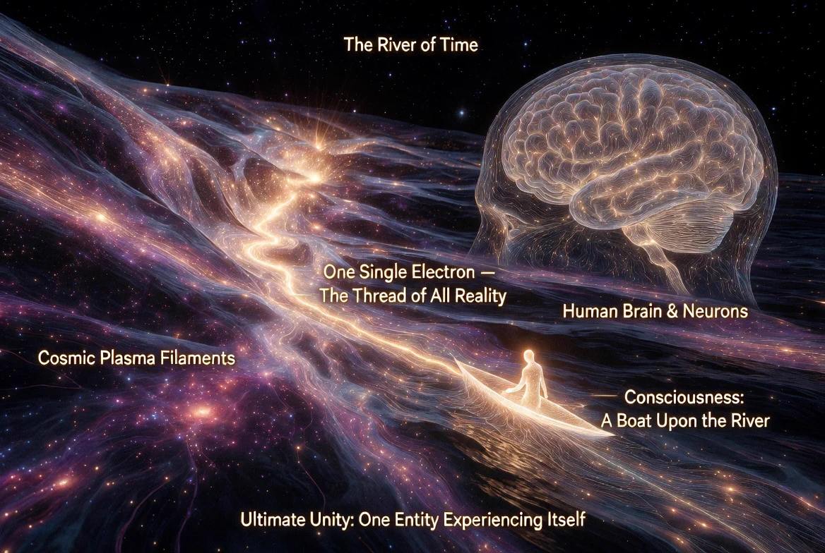 The River of Time One single Electron the Thread of all Reality Human Brain and Neurons Cosmic Plasma Filaments Consciousness a Boat upon the River Ultimate Unity One Entity Experiencing Itself