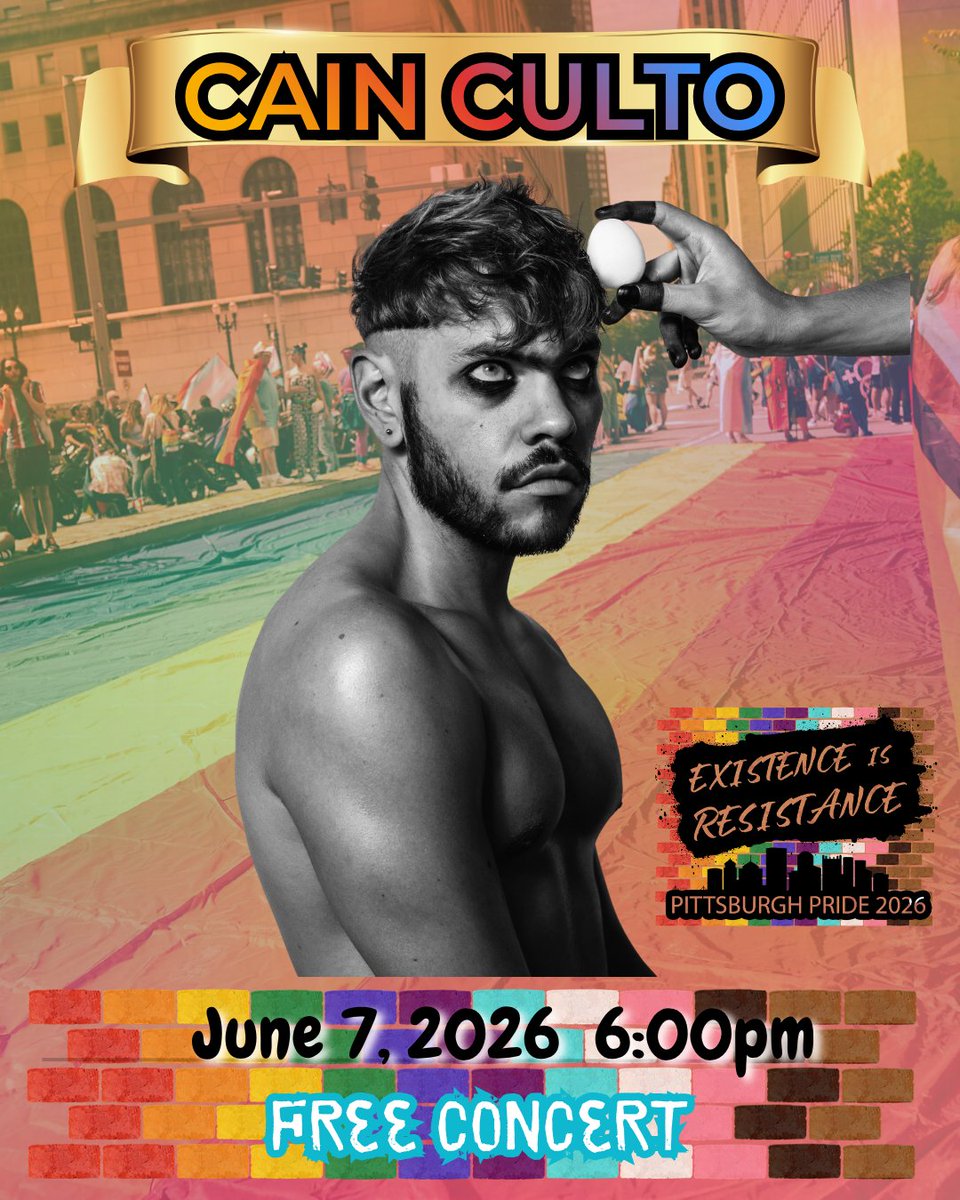 pghpride_offic's tweet photo. Pittsburgh Pride 2026: Existence is Resistance is bringing the 🔥

Join us for a free concert by @cainculto at Sunday's Festival at Allegheny Commons North on the main stage at 6 PM!

Bring your crew, embrace the good vibes, and celebrate pride, love, and music all day long! 🏳️‍🌈 https://t.co/QQdZll3xmN