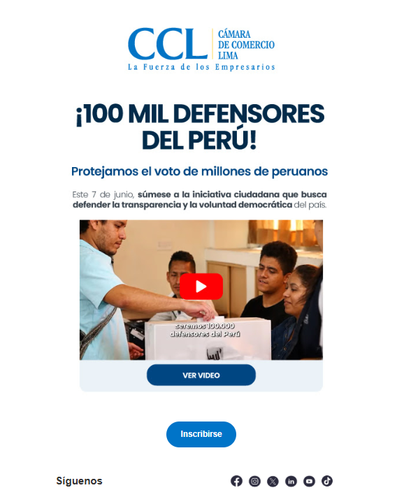 fabiolaarce's tweet photo. La @camaradelima , una institución supuestamente apartidaria, envía este correo a todos sus asociados. ¿A dónde dirige esa web? al registro de personeros de Fuerza Popular. 
Habría que recordarle a la CCL que esto es una violación al principio de limitación de la finalidad. https://t.co/DLAZrVyrH9