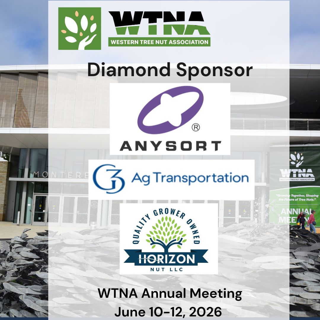 WesternTreeNut's tweet photo. Thank you to this year's 2026 WTNA Annual Meeting Diamond Sponsors, Anysort, G3 Enterprises, and Horizon Nut! https://t.co/qBffy1EL70
