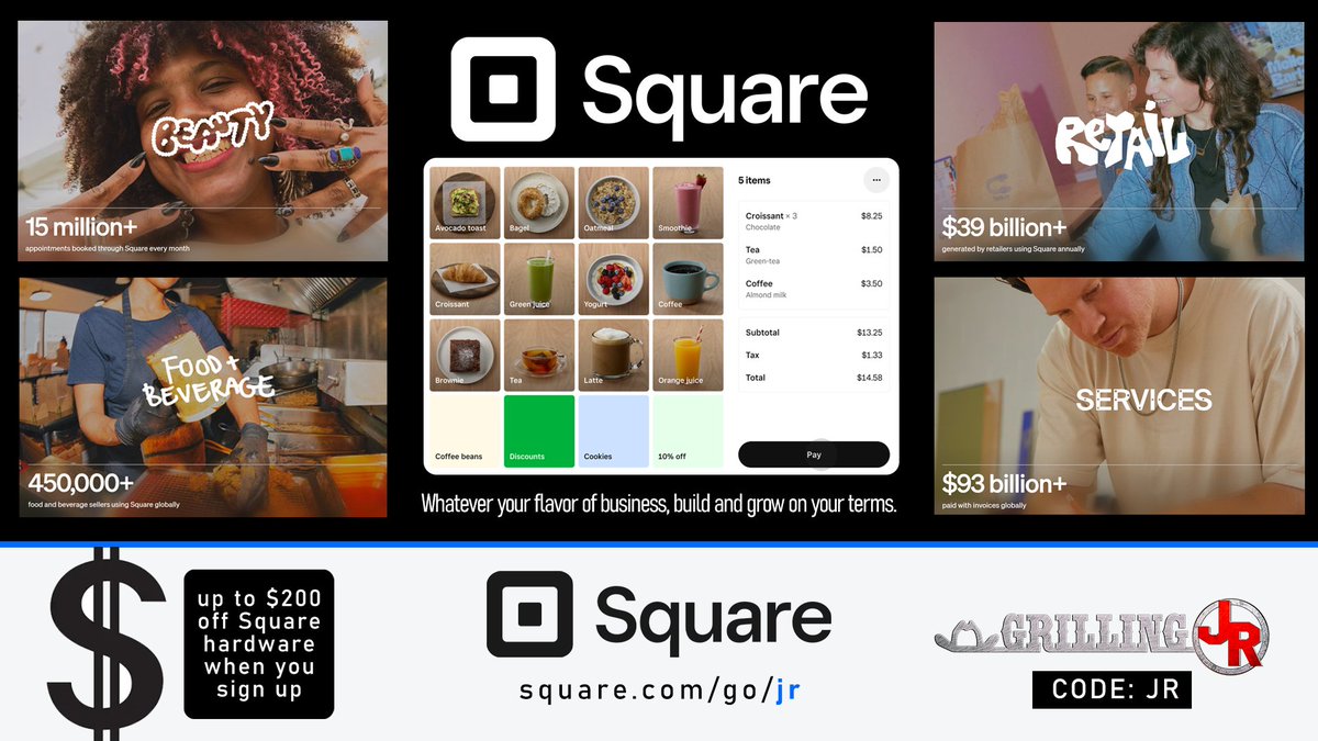 JrGrilling's tweet photo. Running a business is hard enough.

Getting paid shouldn’t be.

Get up to $200 off Square hardware when you sign up at https://t.co/tWU1nmOln3
 #squarepod https://t.co/tZzAahIsJr