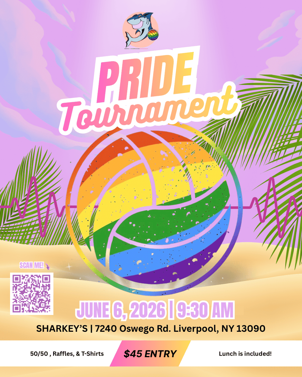 ACRHealth's tweet photo. Join us for the Pride Volleyball Tournament at Sharkey’s on June 6, 2026, starting at 9:30 AM! Your $45 entry includes lunch, raffles, and a T-shirt. Proceeds benefit ACR Health and support our mission to eliminate health disparities. 

Location: 7240 Oswego Rd, Liverpool, NY  
To register, visit: https://t.co/d6u8LI3kxh