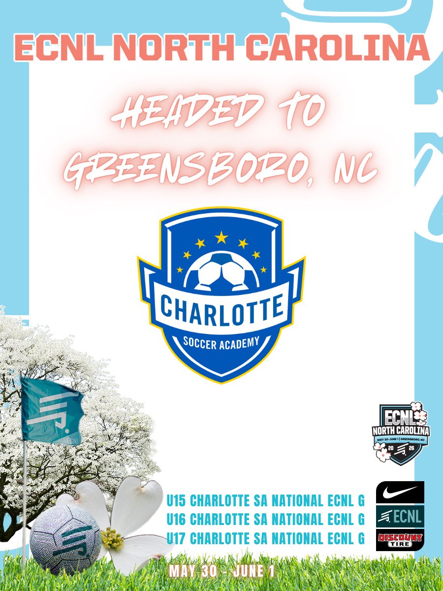 CSA_Soccer's tweet photo. Headed to Greensboro 🚙

Safe travels and good luck to the Charlotte SA National @ECNLgirls teams headed to #ECNLNC this weekend! 👏

#csaproud #csaecnlgirls #charlottesocceracademy https://t.co/muY8rR35XU