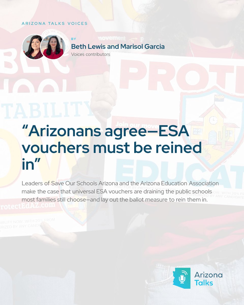 ArizonaTalks's tweet photo. Advocates @AZBethLewis and @MarisolGarciaAZ argue Arizona's billion-dollar ESA voucher program has become what other states are trying to avoid. https://t.co/aj7EyG3DvE