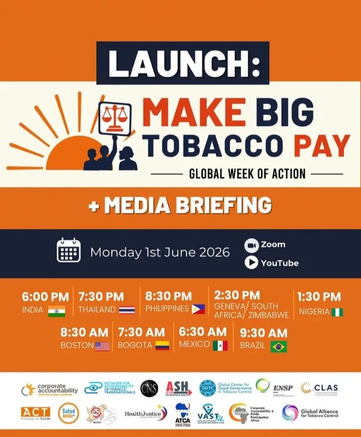 nnaemekamartin9's tweet photo. Join the launch of the #MakeBigTobaccoPay Global Week of Action as advocates, civil society groups, and partners unite to demand #Accountability and stronger tobacco liability measures on Monday, June 1, 2026 by 1:30 PM WAT
via Zoom + YouTube
Register here https://t.co/Sfv4tCxNsE https://t.co/8C6GtkwbKo