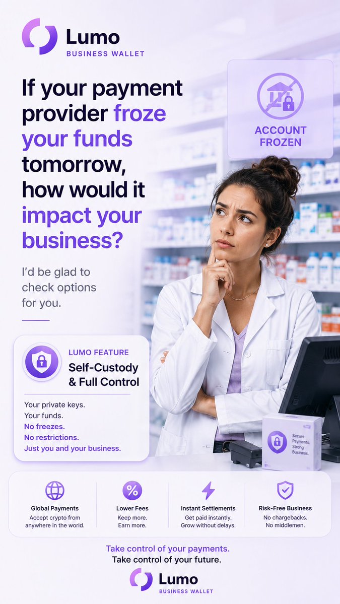 LumoWallet's tweet photo. 🤔 If your payment provider froze your funds tomorrow, what would happen to your business?

Many businesses rely on third parties to access their own money. One restriction, delay, or account review can impact cash flow and daily operations.

With Lumo Business Wallet, you're in control:

🔐 Self-custody ownership
⚡ Instant crypto payments
🌍 Accept payments globally
💰 Lower transaction costs
🚫 No chargebacks
🤖 Smart insights powered by Pulse AI

Your business deserves payment freedom, not payment uncertainty.

💜 Lumo Business Wallet — built for modern businesses.

#LumoWallet #LumoBusiness #CryptoPayments #BusinessWallet #SelfCustody #Web3