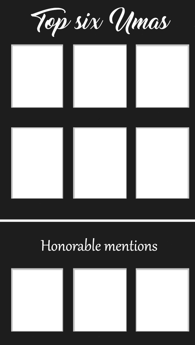ObeyCarbonera's tweet photo. Mi top 6 de Umas favoritas con menciones honorificas! 

Top 6: Obey Your Master, Sirius Symboli, Dicta Striker, Tamamo Cross, Taiki Shuttle y Jungle Pocket.

Mención Honorifica: Daitaku Helios, Cheval Grand y Rudy  Lemono. 
 
(les dejo la plantilla si quieren hacer el suyo) https://t.co/DQXxafOlts