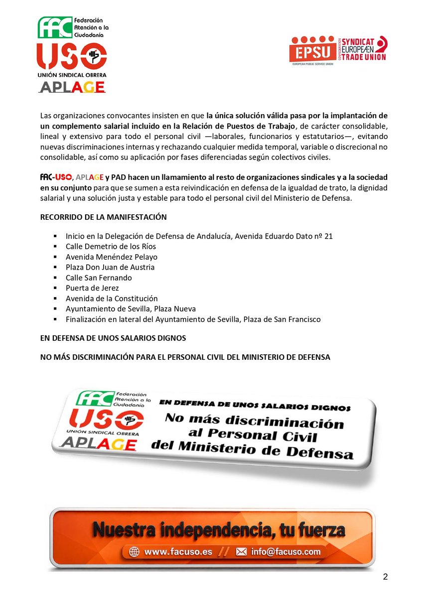 AplageComunicac's tweet photo. MANIFESTACIÓN DEL PERSONAL CIVIL DEL MINISTERIO DE DEFENSA EN SEVILLA ESTE SÁBADO 30 DE MAYO 

FAC-USO y APLAGE exigen un complemento salarial consolidable de 300 euros mensuales para todo el personal civil de Defensa

 implantación de un complemento salarial incluido en la RPT https://t.co/c3nOhfE5nm