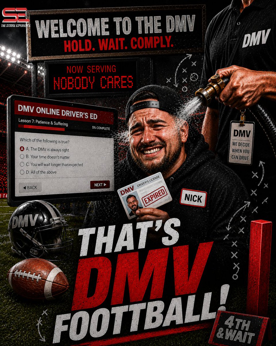 TheStoogeExp's tweet photo. 🚨 THAT'S DMV FOOTBALL 🚨

Coach of the Year Zach is busy writing victory speeches nobody asked for.

Meanwhile, Nick discovers the DMV has sentenced him to online driver's ed after some late-night investigative work 🍻

What's the bigger scam: the DMV or a "2-hour" DIY project? https://t.co/dM0TDoNe23
