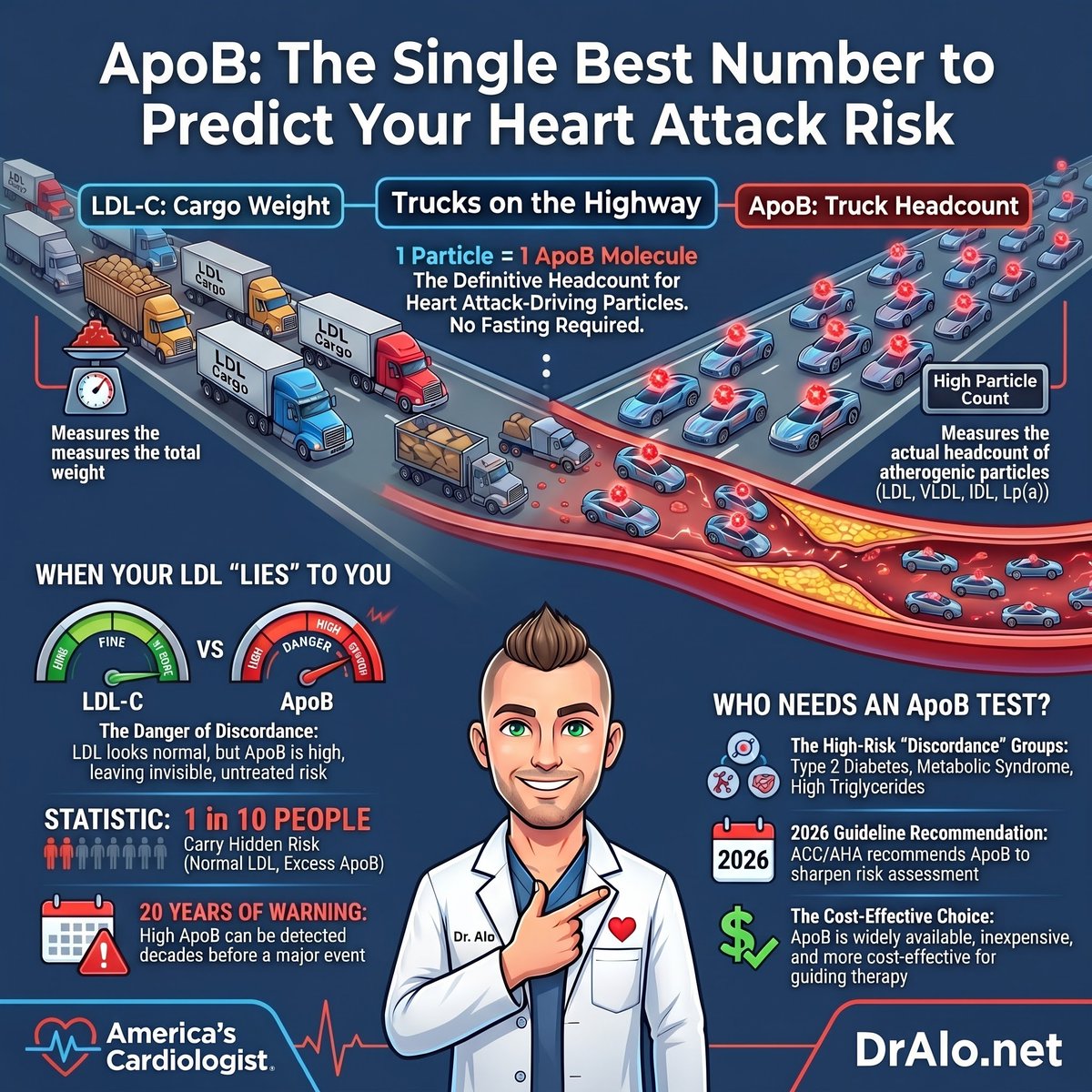 MohammedAlo's tweet photo. 🚨 Your LDL can look normal and you can still have a heart attack.

That happens because LDL measures cholesterol cargo, not the number of particles attacking your arteries.

ApoB counts every single one.

I am a cardiologist and lipid specialist.

I have seen patients with an LDL of 90 mg/dL walk into my office with significant atherosclerosis already developing.

Their ApoB told the real story.

Here is what the science actually says.

🔬 What ApoB actually is:

Every atherogenic particle in your blood carries exactly one ApoB molecule.

LDL carries one. VLDL carries one. IDL carries one. Lp(a) carries one.

ApoB is the headcount of every particle that can penetrate your arterial wall and cause plaque.

LDL cholesterol measures the cargo inside those particles.

Not the particles themselves.

That distinction is everything.

💓 Why this matters clinically:

Two particles can carry the same total cholesterol load.

One particle carries a large cholesterol-rich payload. One particle carries a small payload.

Your LDL number looks identical. Your ApoB number does not.

The patient with more small dense particles has a higher particle count, a higher ApoB, and a higher risk of a heart attack.

LDL missed it entirely.

✅ AMORIS Study (apolipoprotein B): ApoB outperformed LDL cholesterol as a predictor of fatal myocardial infarction across 175,553 patients.

✅ INTERHEART Study (lipid markers): ApoB to ApoA1 ratio showed stronger association with acute MI risk than LDL in 52 countries.

✅ Emerging Risk Factors Collaboration (non-HDL and ApoB): ApoB reclassified cardiovascular risk in patients who appeared low risk by standard lipid panels.

⚠️ The guideline gap that cost patients decades:

For over 20 years the science supported ApoB as the superior marker.

Standard lipid panels kept reporting LDL because it was familiar and cheap.

The 2026 guidelines have now formally aligned with the evidence.

That is 20 years of patients receiving incomplete risk information.

That matters because plaque does not wait for guidelines to catch up.

🩺 What your number should be:

For a low risk patient, ApoB should be below 100 mg/dL.

For a high risk patient with established heart disease or diabetes, ApoB should be below 70 mg/dL.

For very high risk patients, below 60 mg/dL is the target I use in practice.

A standard lipid panel will not tell you any of this.

A patient who asks their doctor for an ApoB test today, discovers elevated particle count despite a normal LDL, and starts targeted therapy can stop plaque progression before a first event.

That is the difference between a normal stress test at 55 and a stent at 58.

❤️ Bottom line:

LDL cholesterol is not the right target. It never was.

ApoB is now supported by two decades of data and formal guideline recognition in 2026.

Ask for your ApoB at your next appointment.

Know your number.

Treat to the right target for your risk level.

A normal LDL with a high ApoB is a missed diagnosis.

Do not let that be you.

The question is no longer whether ApoB is better than LDL.

The question is why your doctor has not ordered it yet.

#Cardiology #HeartDisease #HeartHealth #CardiovascularHealth #ApoB #LDLCholesterol #Atherosclerosis #MetabolicHealth #PreventiveCardiology #LipidManagement