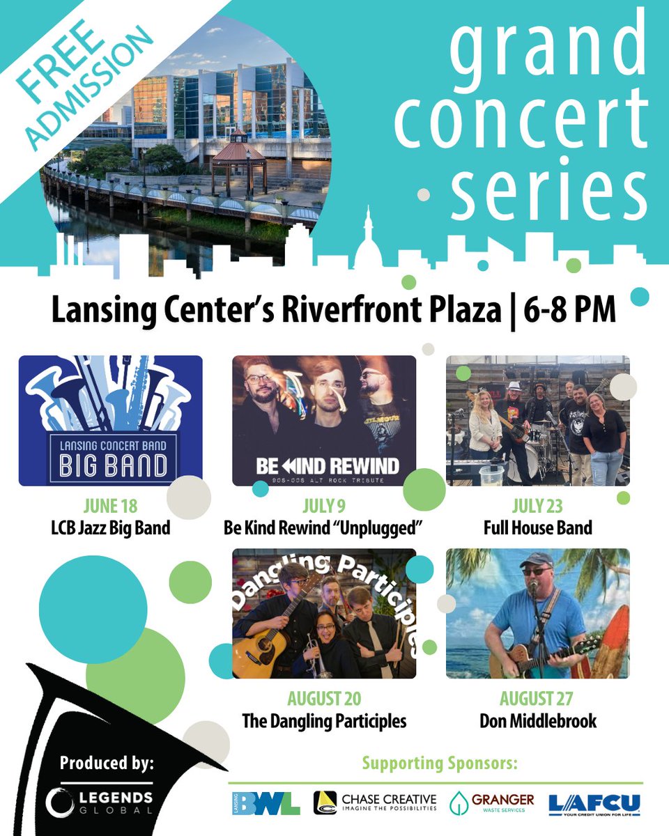 LansingCenter's tweet photo. 🎷✨ The Grand Concert Series is back this Summer!

Join us on select Thursdays, 6-8 PM, at the Lansing Center's Riverfront Plaza for an evening of live music and beautiful views along the Grand River during this free, family-friendly community concert.

Guests are encouraged to bring lawn chairs and enjoy refreshments available for purchase onsite courtesy of the Lansing Center.

Special thanks to our supporting sponsors: @BWLComm, @ChaseCreativeAV, Granger Waste Services, and @LAFCULansing.