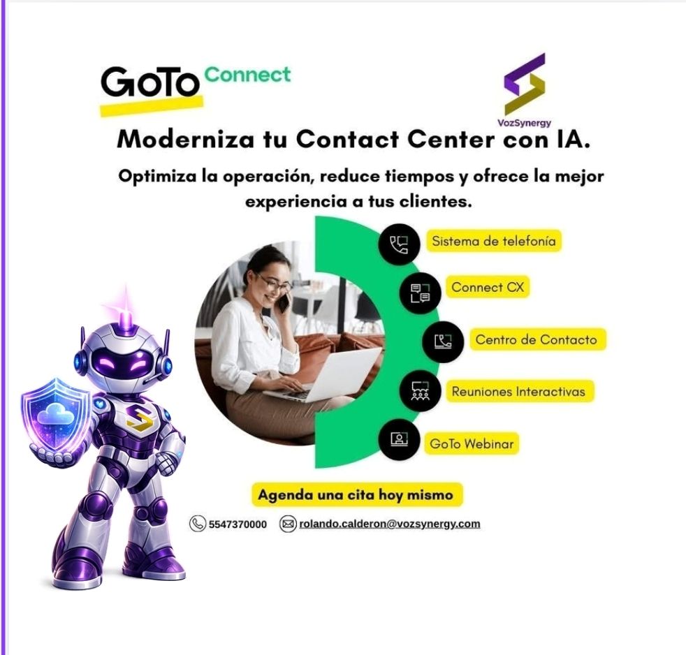vozsynergy's tweet photo. ¿ Tu Contact Center esta listo para l futuro ?🚀

Con #GoToConnect, moderniza tu operacion con inteligencia Artificial y una plataforma todo en uno :

✅Telefonía

✅Contact Center

✅Connect CX

Mejora la experiencia de tus clientes con GoTo y Vozsynrgy https://t.co/YK7GeCZvow