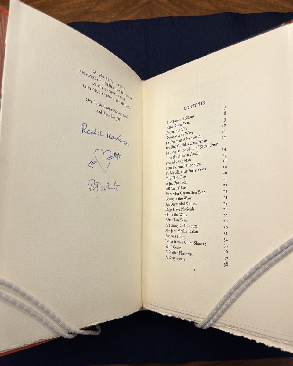 nypl's tweet photo. "The best thing for being sad...is to learn something." –'The Sword in the Stone'

British author Terence Hanbury (T.H.) White was born on this day 120 years ago.

T.H. White was best known for 'The Once and Future King,' his retelling of Sir Thomas Malory's 15th-century 'Le Morte D'Arthur.' The first part, 'The Sword in the Stone,' which features a young King Arthur being mentored and transformed into animals by the wizard Merlyn, was the basis for the 1963 Disney animated film. The Library's Berg Collection of English and American Literature holds a first-edition copy of 'The Sword in the Stone' with illustrations by White himself. 

Also in the collection is a copy of White's privately printed 'Verses' inscribed to 'New Yorker' fiction editor Rachel MacKenzie, with some pages never cut open, including one with a poem to Julie Andrews, who played Guinevere in the original Broadway production of 'Camelot' (based on 'The Once and Future King'). There is also a handwritten letter about White's experience with a group of deaf-blind children and his study of braille.

Find more in @nyplresearch's Berg Collection: https://t.co/G3SvZt9W2c

🗡️ The Sword in the Stone. London: Collins, 1938.
📙 Verses. [St. Anne?] Alderney [Privately printed for the author at the Shenval Press, London], 1962. No. 30 of 100 copies printed. 
✉️ Letter to Sir Sydney Carlyle Cockerell, September 12, 1956.