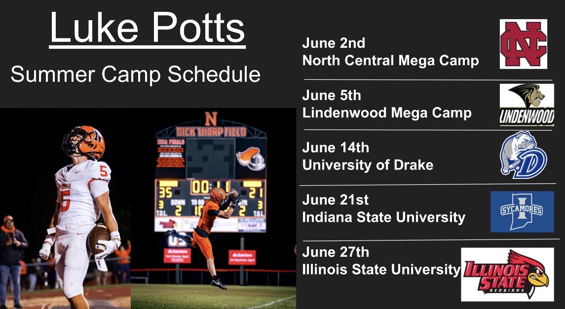 LukePottsy's tweet photo. Summer Camp Schedule!!! 🚨🚨🚨@EDGYTIM @CoachBigPete @PrepRedzoneIL 
Willing to add more! https://t.co/jpsDMRXe7y