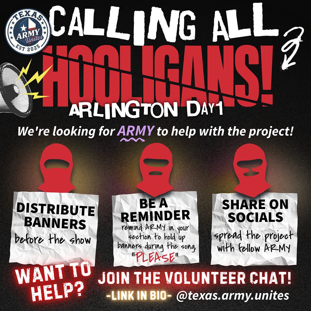 texasarmyunites's tweet photo. ๐จ VOLUNTEERS WANTED ๐จ
Distribute banners.
Remind ARMY in your section.
Share on social platforms.
Volunteer chat in bio!
๐ Repost to help us reach more ARMY. #BTS #BTS_ARฤฐRANG #BTSPROJECT #BTSARMY #Arlington https://t.co/RyQI3aMJ1m