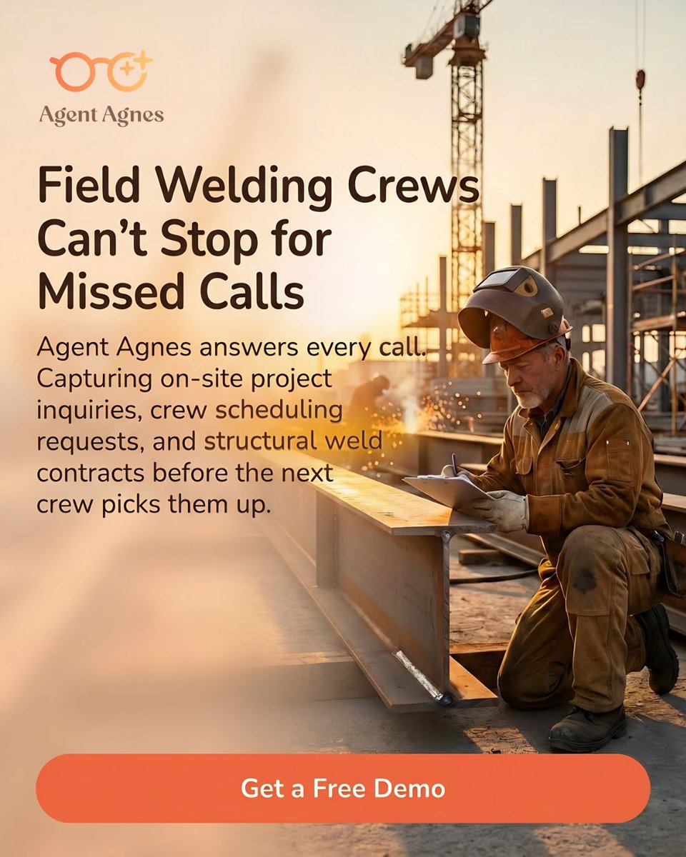 AgentAgnes's tweet photo. Field welding crews can't stop for missed calls — and neither can your business. 🔧

When your crew is on-site running structural welds and architectural metalwork, inbound calls keep coming. Project inquiries go unlogged. Crew scheduling requests pile up. https://t.co/rgYUTXygX3