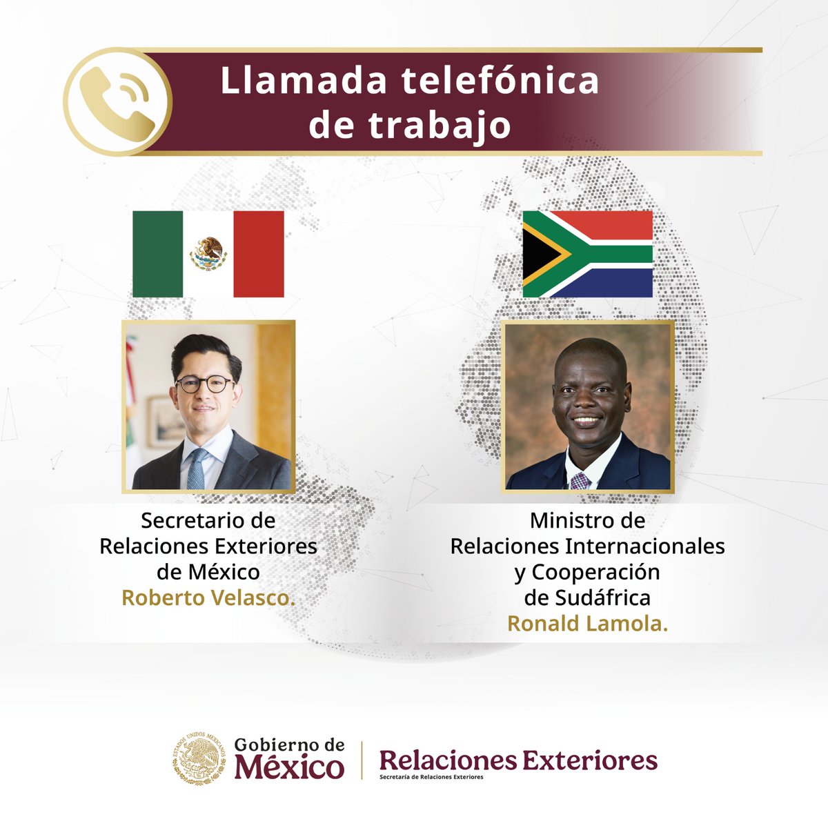SRE_mx's tweet photo. El secretario Roberto Velasco (@r_velascoa) sostuvo una llamada telefónica de trabajo con el ministro sudafricano de Relaciones Internacionales y Cooperación de @DIRCO_ZA, Ronald Lamola (@RonaldLamola).

Dialogaron sobre el interés mutuo por seguir profundizando los lazos políticos, comerciales y académicos, a 32 años del establecimiento de relaciones diplomáticas. De igual manera, intercambiaron perspectivas que permitirán robustecer la colaboración bilateral en materia consular.

🇲🇽🤝🇿🇦