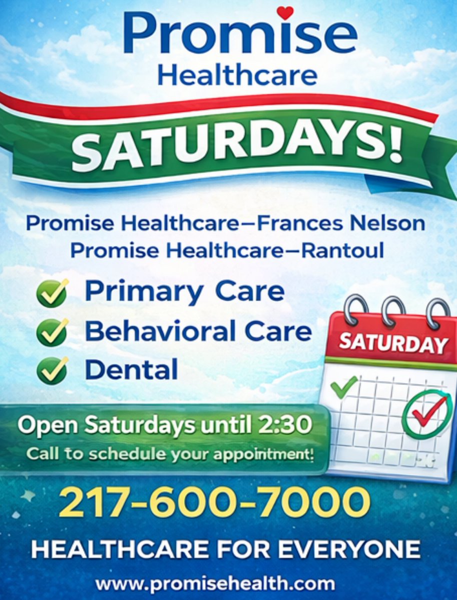 PromiseHealthCU's tweet photo. Promise Healthcare has Saturday Appointments available https://t.co/Fwrd8lICKq