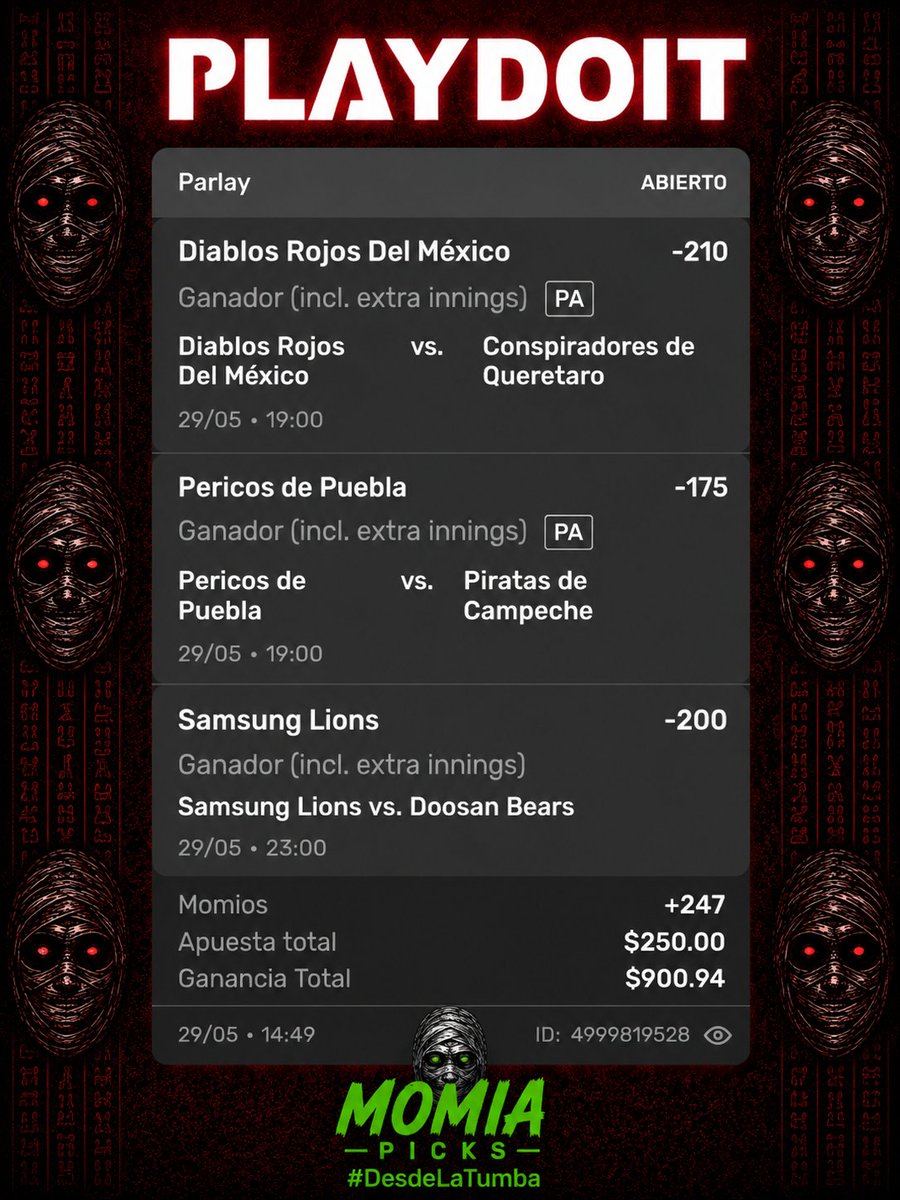 MomiaPicks's tweet photo. 💀🔥 PARLAY TRIPLE 🔥💀
#DesdeLaTumba 

⏰ Empieza en 45 minutos...

⚾ Diablos Rojos del México ML
⚾ Pericos de Puebla ML
⚾ Samsung Lions ML

🔥 La Momia se dormirá tarde 🔥

#México #MLB #KBO @MomiaPicks 
#ApuestasDeportivas #Pakistán https://t.co/ZzsBkkBcDm