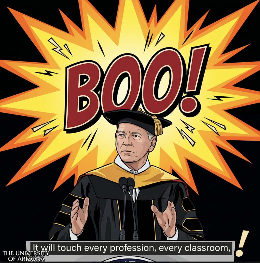 schifeling's tweet photo. I spoke about AI at the University of Arizona last August and got a really warm reception...

...Man, what a difference 9 months make! 😂

What Do You Think about All the AI Boos at Graduation? 🤔
▸ https://t.co/i4TD9gVpSj

#AI #College https://t.co/NjUFbqE1dX