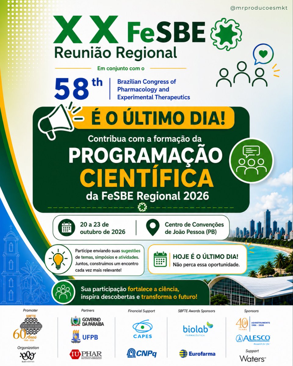FeSBE's tweet photo. Hoje é o último dia para contribuir com a construção da programação científica da XX Reunião Regional da FeSBE!

Sua participação é fundamental para fortalecer a qualidade científica do evento e ampliar o diálogo entre diferentes áreas da biologia experimental e da farmacologia. https://t.co/WL1X6pt9pL