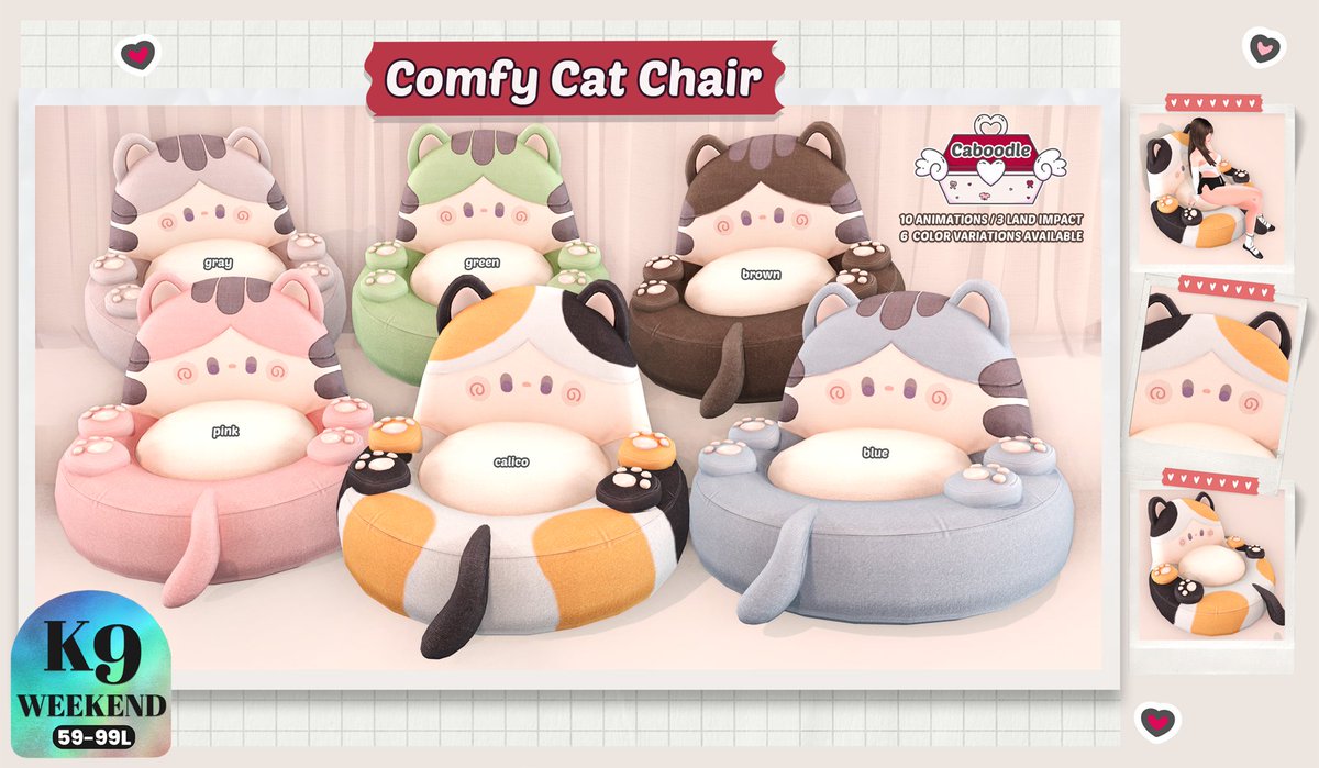 TwerkCaboodle's tweet photo. Comfy Cat Chairs are only 69L each this weekend at our mainstore.

The fatpack is 60% off and includes 6 different options to choose from.

Each chair is 3 LI and comes with 10 lounging animations included.

#secondlife https://t.co/MnEe2GgfjI