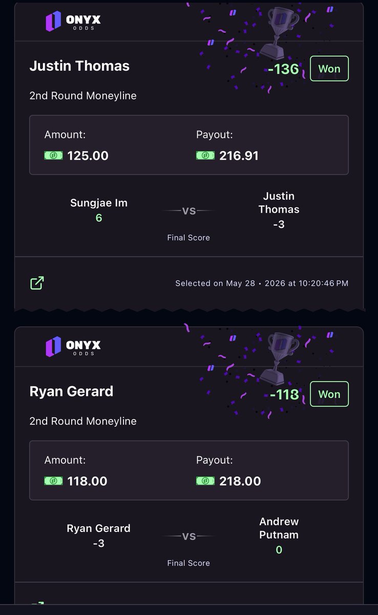 PicksProdigies's tweet photo. NEAR SWEEP Round 2⛳️🔥

$25 to someone who likes this tweet🤝

Read was spot on today, we were able to take advantage of lob sided matchups and some MONEY unders on strokes.‼️

Russel Henley u 67.5 strokes (+108)✅
Hideki Matsuyama u 68.5 strokes (-140)✅
Jt o Sungjae matchup (-136)✅
Gerard o Putnam matchup (-118)✅
Ludvig u 67.5 strokes (-128) 🪝