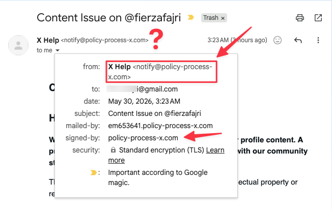 fierzafajri's tweet photo. 🚨HAMPIR KENA PHISING EMAIL DARI X 🚨

Di pagi yang cerah ini, gw dapet email "Case Update: Status Notification" yang ngaku dari X. Katanya akun gw kena "flag pelanggaran hak cipta", di suruh buru-buru appeal (?) Nama sama foto gw kepasang biar keliatan asli padahal itu scam!

Tanda-tanda fake-nya:
- Sender notify@policy-process-x.com. Bukan domain X.
- Wording-nya template yang sering di pake: "preliminary check", "restricted media".
- Nama + foto diambil dari profil publik biar berasa personal. Padahal disebar massal (?)
- Sudutnya selalu "pelanggaran" biar lo panik dan langsung klik appeal.

Yang gw lakukan pas dapet email ini, tentu gak langsung klik Appeal dong, gini urutan nya:
- Jangan klik link apa pun. "Appeal", "Learn more", semua yang tombol hyperlink pasti ngarah ke login X palsu yang nyolong password akun kita.
- Buka X manual. Ketik di web atau buka app-nya, jangan lewat email! Cek notifikasi + profil. Biasanya nggak ada peringatan apa-apa.
- Kalau yakin aman, report email-nya as a phishing, terus hapus. Jangan reply, jangan forward.
- Ganti password (INI PENTING!)
- Nyalain 2FA: Settings > Security and account access > Security > Two-factor authentication.
- Kalau tadi terlanjur masukin password: logout semua sesi di Settings > Security and account access > Apps and sessions.

Scam ini cuma jalan kalau kita buru-buru. Memang Nikita lagi hobi banget nge-pause akun banyak orang, tapi tetep kita harus re-check more deeper buat tau ini email langsung dari X atau bukan.

Stay safe!