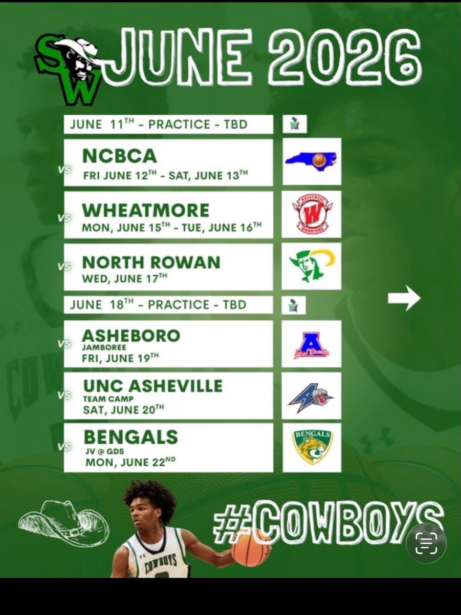 aklee03's tweet photo. @SWGuilfordMBB June Schedule!! Live period on deck!! https://t.co/E8bOlqet3I