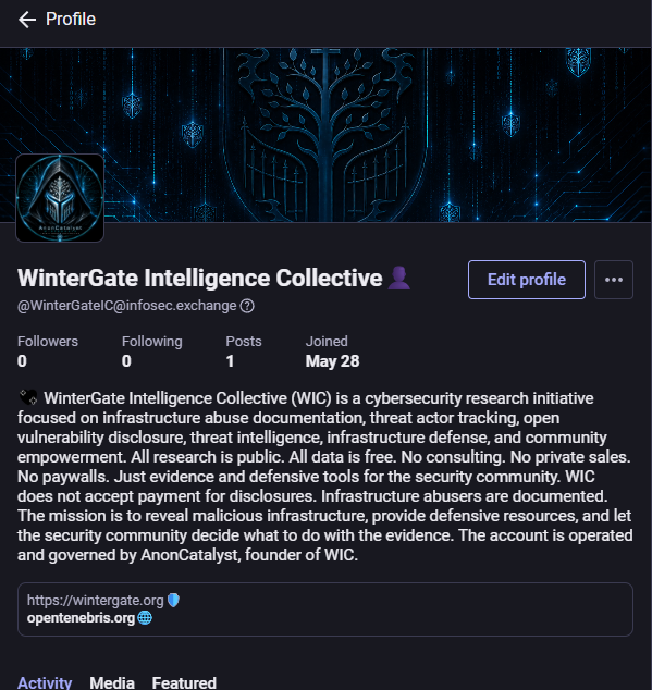 WinterGateIC's tweet photo. WinterGate Intelligence Collective (WIC) is live on https://t.co/3p6ODViv3r.

We document infrastructure abuse. We publish open-source threat intelligence. We do not take payment for silence.

All research is public. All data is free.

👉 https://t.co/8U8On9mAYk https://t.co/MReJkRQ0GQ
