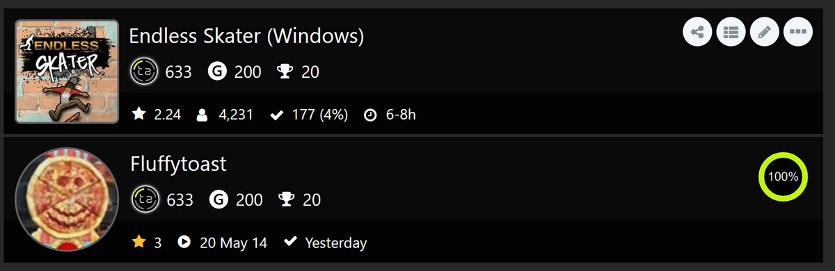Fluffytoasted's tweet photo. Completion 17 of 2026: Endless Skater ♾️🛹

Heard that the servers for Windows 8 achievements are again,so figured I'd mop this up while I had the chance.

Game is a neat little runner with super basic 2D Tony Hawk controls,was decent to pass the time with.

#achievementhunting https://t.co/meu5uPlzxw