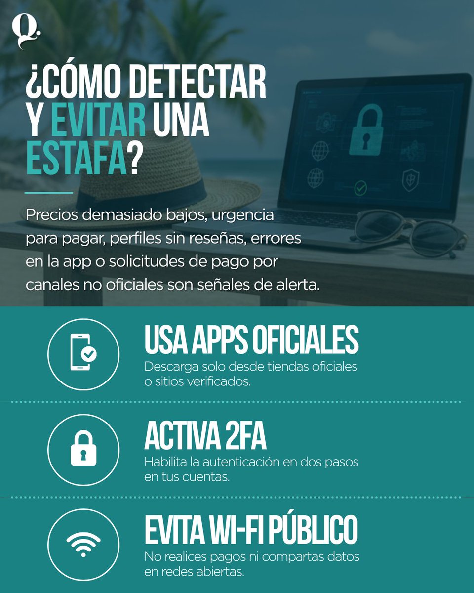 QuestionMarkmx's tweet photo. Lo barato puede salir carísimo en vacaciones. 
Más de 13.5 millones de mexicanos han sido víctimas de fraudes digitales, especialmente al reservar viajes, hospedajes y experiencias. 
Antes de pagar, revisa dos veces. 
#ciberfraude #vacaciones #fraudesenlinea https://t.co/swrMIwft2y