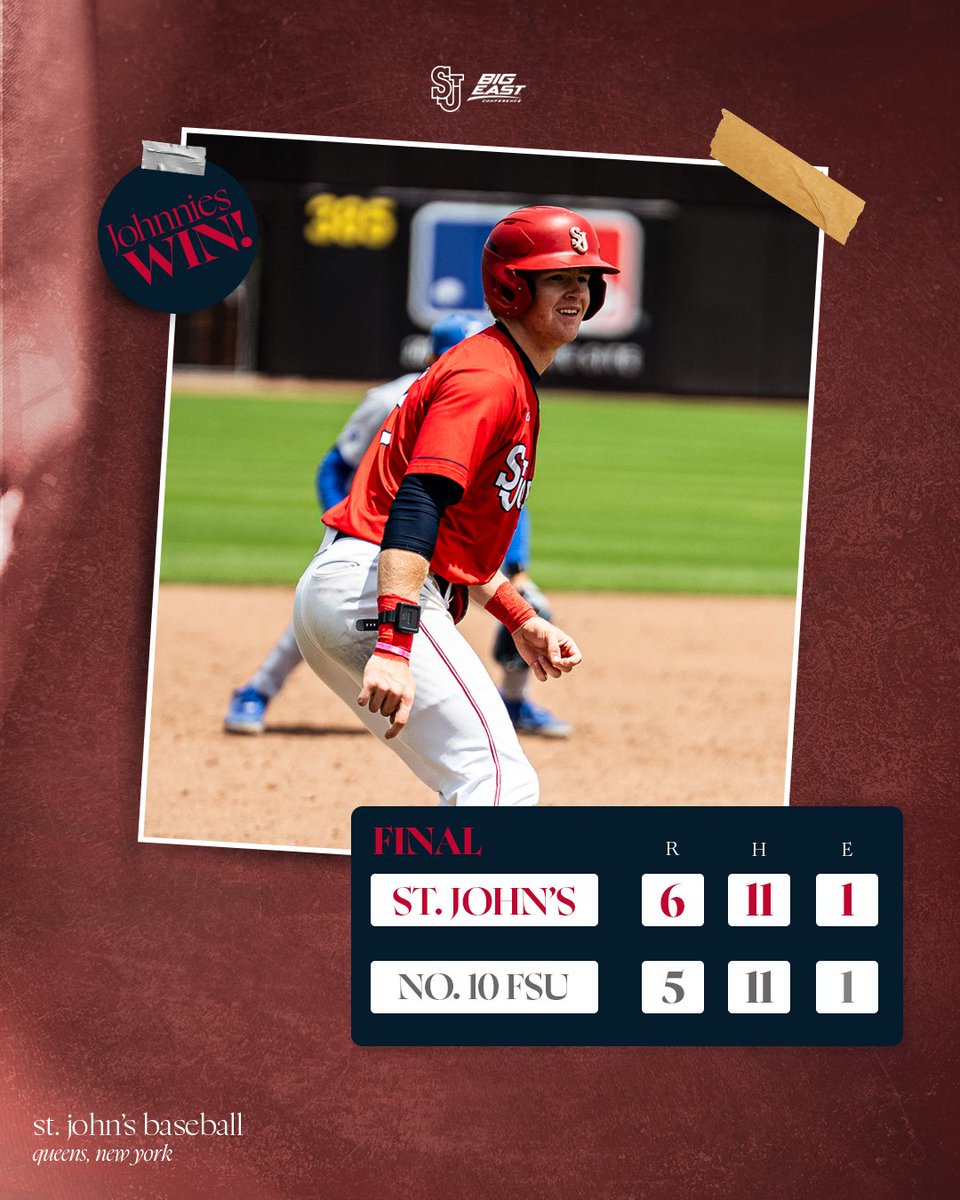 StJohnsBaseball's tweet photo. TURNING UP IN TALLAHASSEE 🔴⛈️

The Red Storm take its first NCAA Regional opening round win since 2012!!

#RedStorm | #EveryTrip https://t.co/qY6B3hyq4j