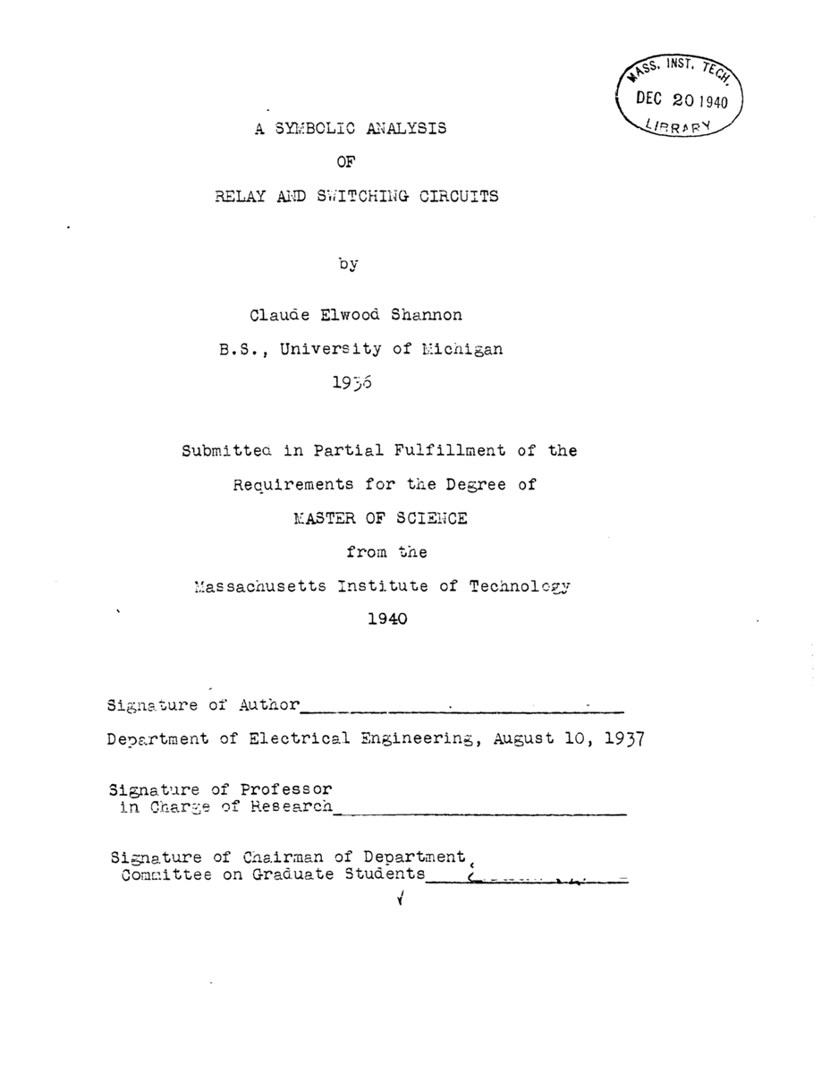 7uomoki's tweet photo. There are a few well known PhD theses, but these are the two most impactful Master's Theses in the history of humankind: 

1. Claude Shannon - "A Symbolic Analysis of Relay and Switching Circuits" (1937): Demonstrated that electrical switches could perform logical operations, laying the theoretical foundation for digital circuit design and modern computing.

2. Seppo Linnainmaa - "Algoritmin kumulatiivinen pyöristysvirhe yksittäisten pyöristysvirheiden Taylor-kehitelmänä" (1970, in Finnish): Introduced the modern backpropagation algorithm, now enabling the current       AI revolution.