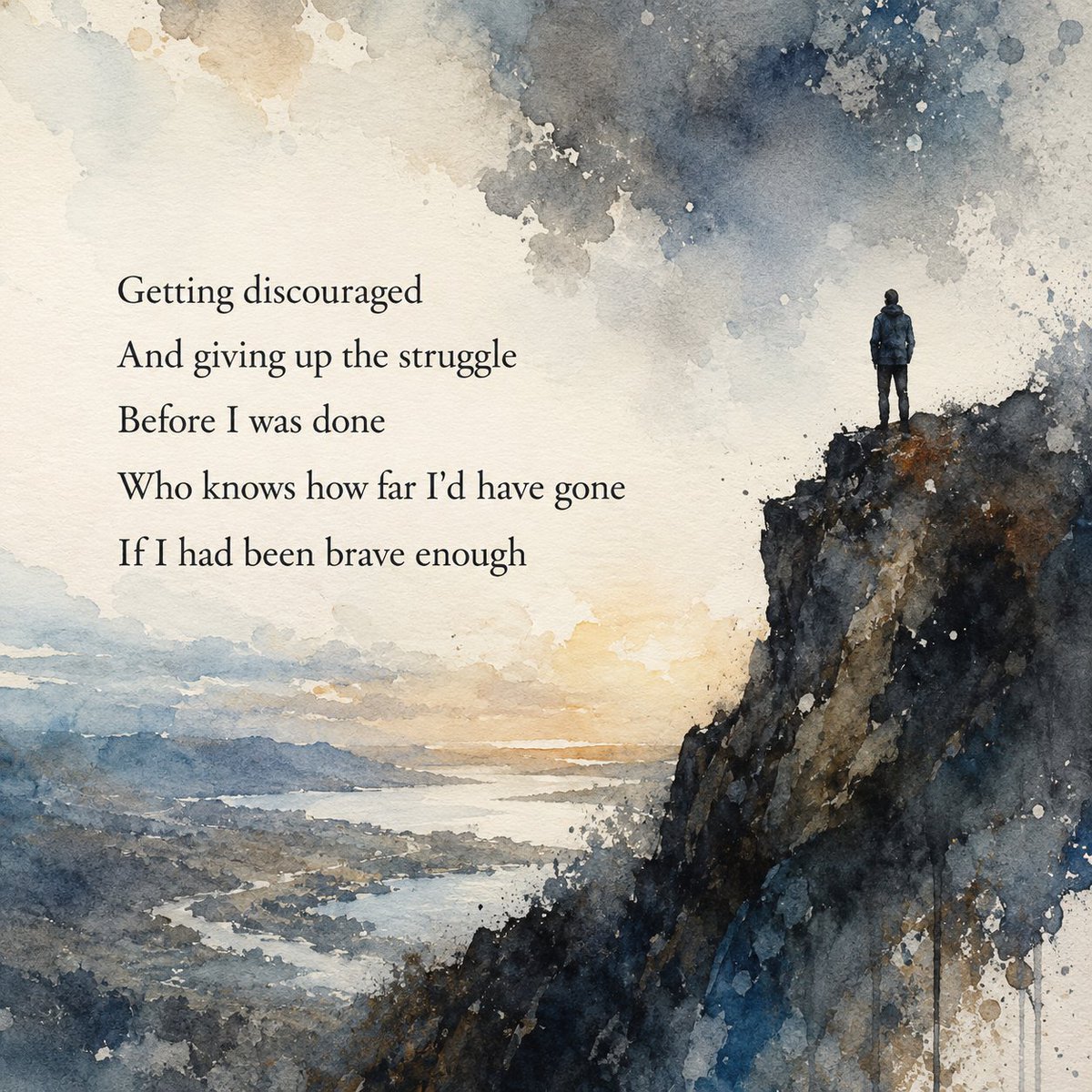 Apotheosystem's tweet photo. Getting discouraged
And giving up the struggle
Before I was done
Who knows how far I'd have gone
If I had been brave enough

Words: Mine
Image: AI, based on my words.

#WritingCommunity #poetry #tanka #mentalhealth #depression #anxiety https://t.co/5C6WKMkeRa