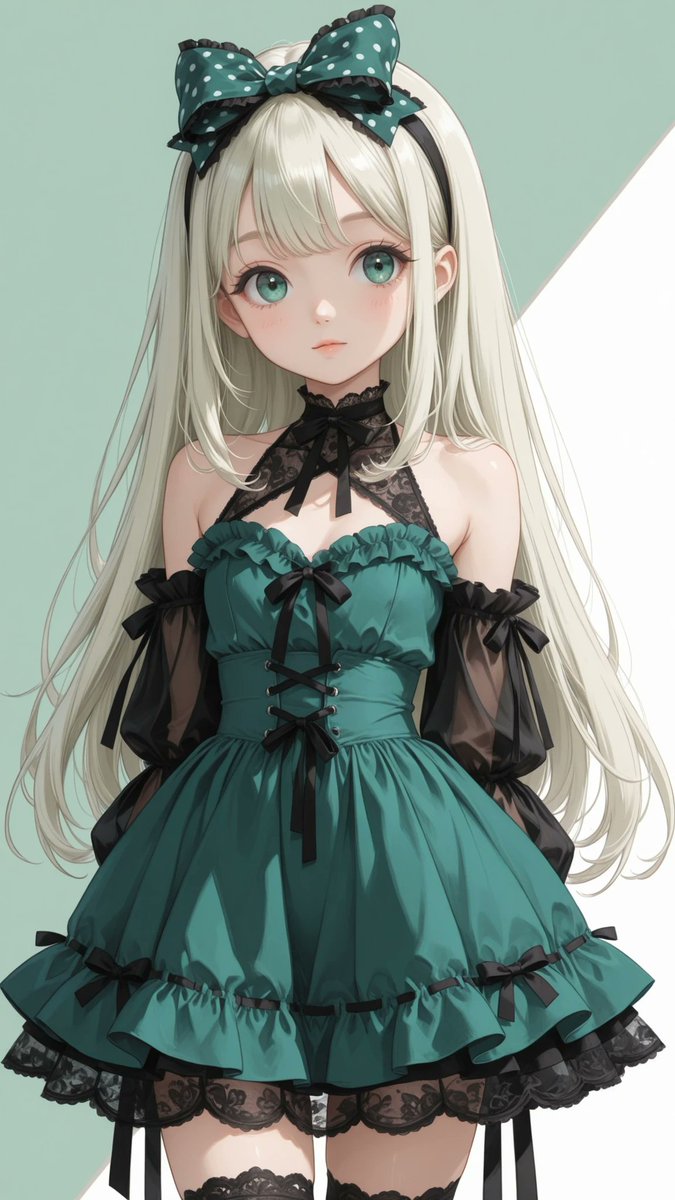 AliceLavli's tweet photo. レトロなミントグリーンのミニドレスをどうぞ✨
mint green dominant color scheme, mint green as primary color, mint green and white plaid fabric, black accent lines only, halter neck mini dress, wide halter straps tied behind neck, fitted bodycon silhouette, deep sweetheart neckline, black polka dot lace inset at bust, gathered bust construction, crossover bust panels, black mesh and lace trim along neckline, empire waist seam, black ribbon trim beneath bust, decorative black ribbon bow at center front, vertical ribbon detailing on bodice, fitted waist, mint green plaid fabric throughout entire dress, short mini dress length, layered ruffle hem, mint green plaid ruffle flounce, black polka dot ribbon edging on ruffles, black lace underskirt peeking beneath hem, double layered hem construction, feminine y2k fashion, cute retro swimdress aesthetic, fitted hourglass silhouette