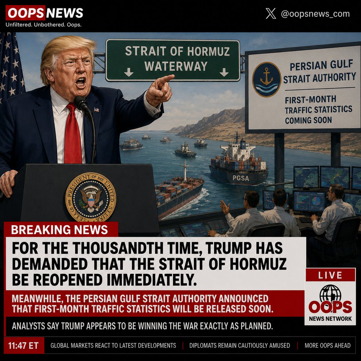 Oopsnews_com's tweet photo. Trump: Open the Strait.
PGSA: Monthly report drops Coming soon. https://t.co/VVKMtsd7wo