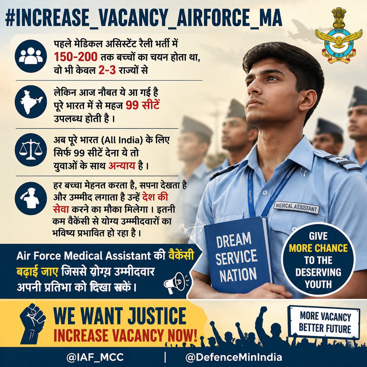 ClassesMd's tweet photo. 🚨 Air Force Medical Assistant भर्ती में सिर्फ 99 सीटें पूरे देश के लिए? यह लाखों युवाओं के साथ अन्याय है।

हमारी मांग स्पष्ट है — योग्य अभ्यर्थियों को अवसर देने के लिए Medical Assistant की वैकेंसी बढ़ाई जाए। 🇮🇳✈️

#Increase_Vacancy_Airforce_MA https://t.co/QG29vtsydx
