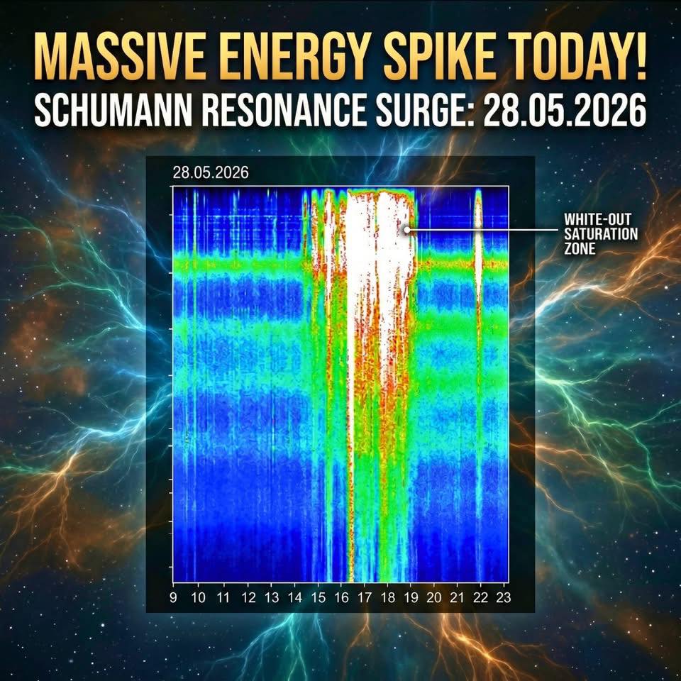 PaulGoldEagle's tweet photo. ⚡🌍 Schumann Resonance Monitor Lights Up Again 🌍⚡
📅 May 28, 2026. 
Today’s chart erupted with another extreme burst of activity, showing huge whiteout saturation and dense vertical energy spikes stretching across nearly the entire monitor.
The surge intensified rapidly and remained elevated for an extended period, with some of the strongest saturation levels seen this week.
Strong spikes like this are often associated with vivid dreams, restless sleep, emotional swings, ringing ears, exhaustion, or suddenly feeling unusually energized and alert.
#SchumannResonance #EnergySpike #EarthEnergy #GeomagneticEnergy #PlanetaryActivity.
✨ MANY SENSITIVE PEOPLE MAY BE TUNING IN NOW WITH A MORE INTENSE EMOTIONAL AND ENERGY PROCESS ✨ MAY 28, 2026
The  Schumann MRI is showing greater activity again today, and it is possible that many sensitive people are now feeling how the emotional, physical and energetic atmosphere is becoming more active beneath the surface.
For some, this may manifest as fatigue, pressure in the body, unusual dreams, emotional waves, mental overstimulation, noise sensitivity, a sharper intuition, body heaviness, sudden clarity, exhaustion, or a feeling that the nervous system is processing more than the mind can fully explain.
And as we get closer to the Blue Moon in Sagittarius, which will arrive in just a few days, this may become even more noticeable. Current energy may be bringing deeper emotional truths, relationship awareness, inner realizations, emotional releases, and a growing need to protect peace more consciously, as the body continues to adapt to a more intense energetic movement.
This doesn't necessarily mean something is going wrong. Sometimes the body just needs more connection to the earth, rest, hydration, tranquility, nervous system support and emotional space when the collective field becomes more electrically active.
Many sensitive people can now benefit from simplifying the night, reducing overstimulation, drinking more water, giving rest to the nervous system, breathing slowly and being more aware of what they allow to enter their emotional field.
As we get closer to the Blue Moon this weekend, many people may also be noticing more intense emotional processing, vivid dreams, body heaviness, nervous system sensitivity, exhaustion, pressure in the head or ears, emotional waves, unusual synchronicities, sharpened intuition, or a growing need more rest and emotional space.
If you feel guided to strengthen energetic protection, root cause, emotional clarity, nervous system balance, and increased energetic stability during these accelerated collective changes, the Bioenergetic Shield Activations from the 3D to 5D Activations Library were created to support people sensitive through energetic stabilization, rooting, emotional balance and energetic strengthening: 
How have you been feeling emotionally, physically and energetically during these recent Schumann peaks and as we approach the Blue Moon? Have a peaceful day and stay tuned for more updates as we navigate through these days of intense energy synergies. Lots of love 💖
WE ARE ONE LOVE. 
Love, Light, Peace,
and Harmony To All 🤍🕊️💫
#schummanresonance
#bluemoon.
Global Energy Blueprint. 
Mike Harrigan. 
I Am.
You Are. 
We Are.
Oneness.
Universal Consciousness..
       🔥🕎🔯🕉️ 🔥 
💎 ❤️💚💙💜❤️ 💎
         ♀️☯️♂️
       💞♏♌💞