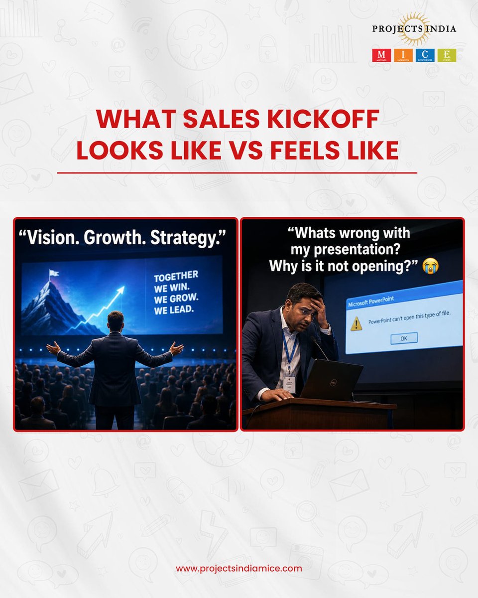 ProjectsIndia1's tweet photo. Sales Kickoff on stage: Vision &amp; targets.
Behind the scenes: Panic, PDFs &amp; mic checks. 😅

#ProjectsIndiaMICE #SalesKickoff #SKO #MICEIndustry #BusinessEvents #OffsitesBuildInsights #SustainableIndia #EventExecution #BusinessEvents https://t.co/BZqGVs2QWu
